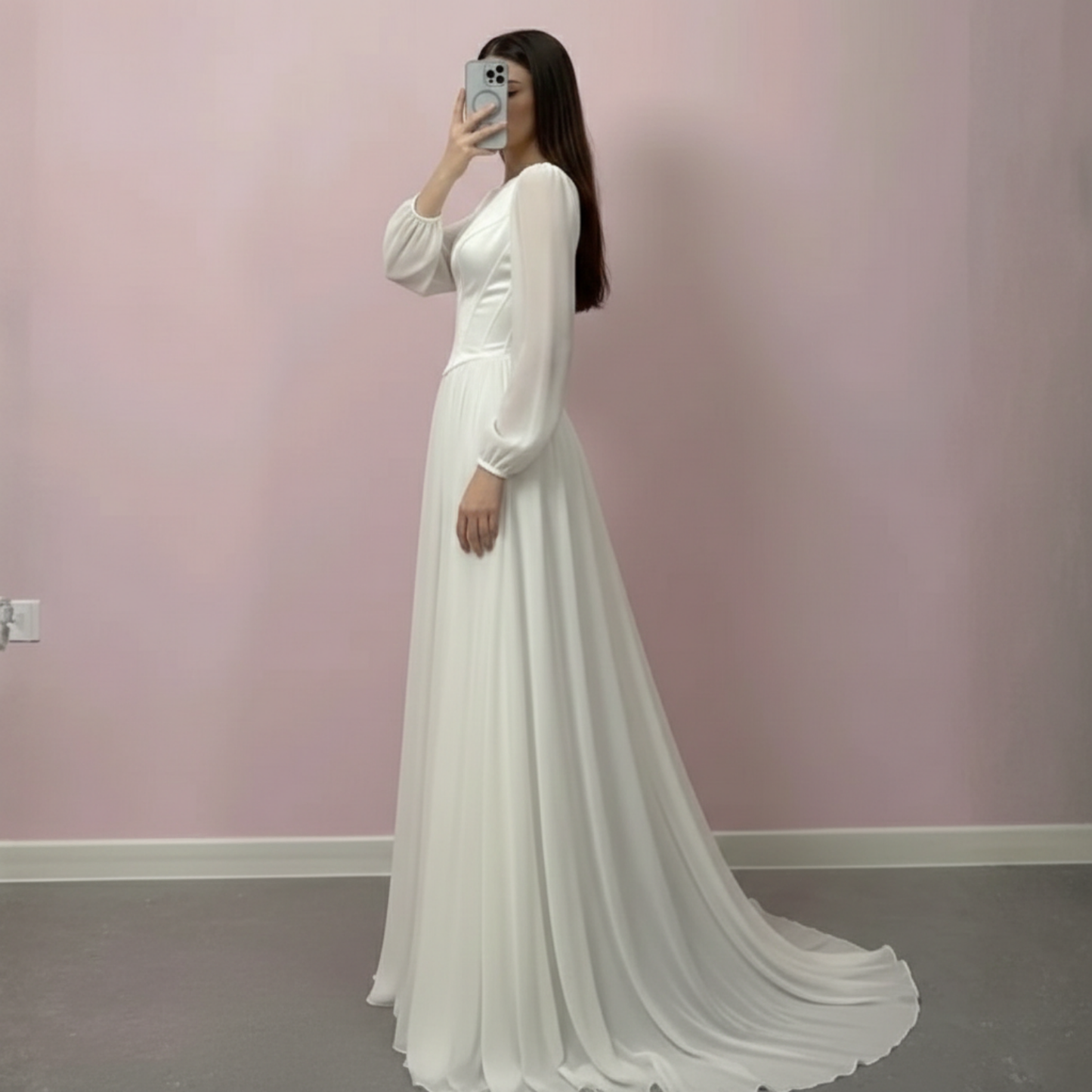 Elegant Modest Puff Sleeves Chiffon Satin Corset Bridal Gown with Veil, Left