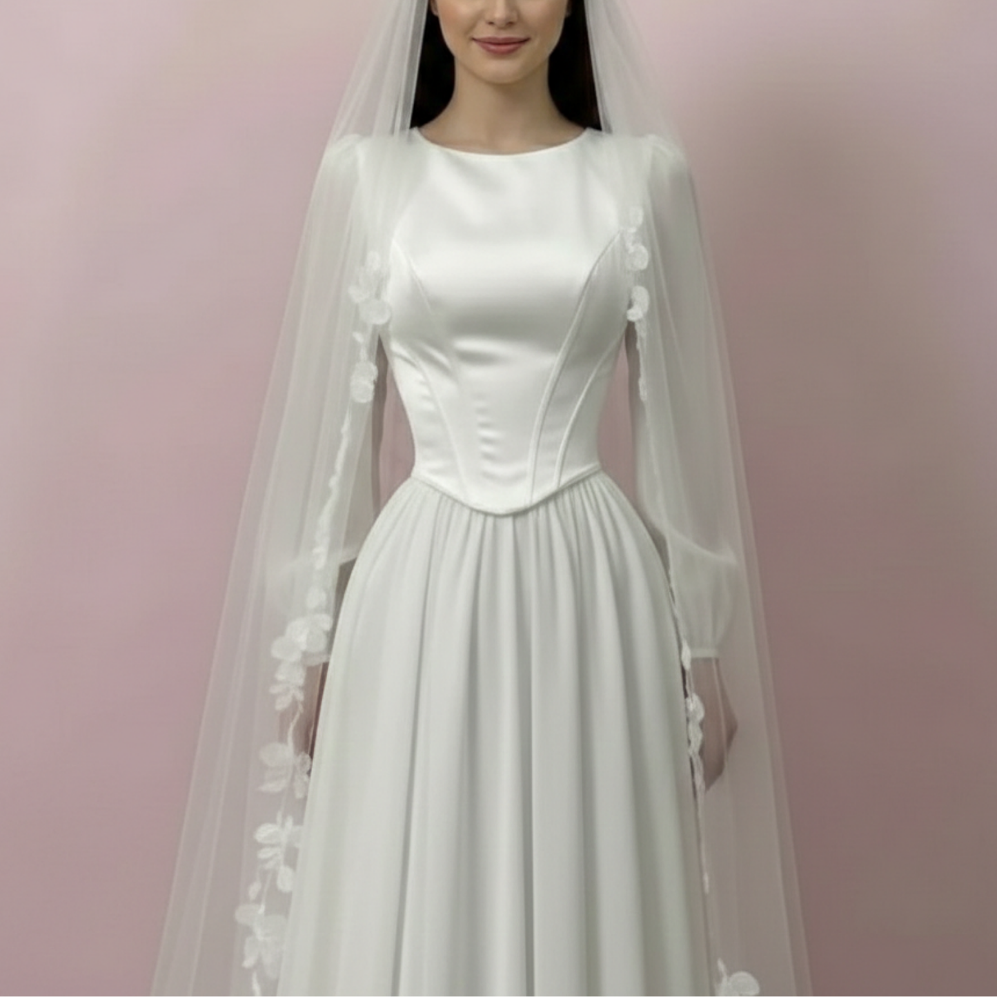 Elegant Modest Puff Sleeves Chiffon Satin Corset Bridal Gown with Veil, Close Up