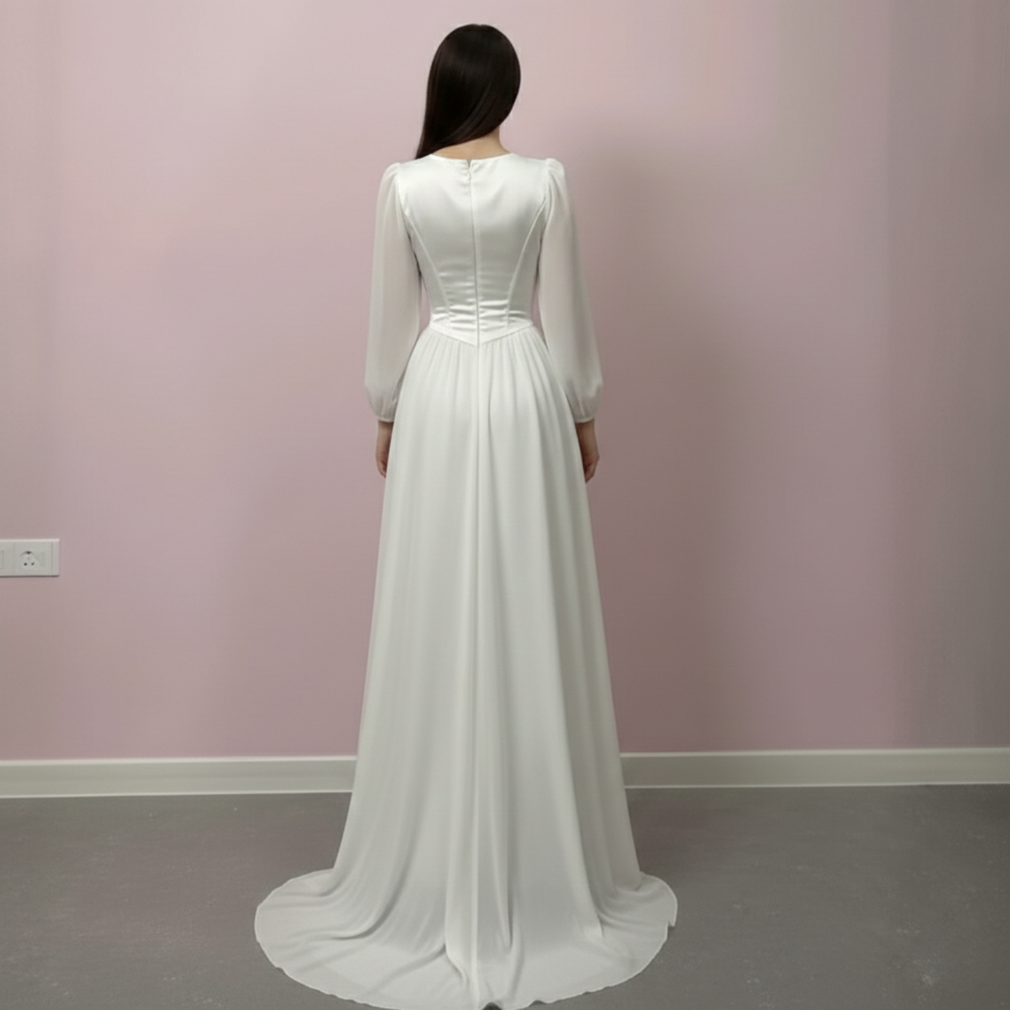 Elegant Modest Puff Sleeves Chiffon Satin Corset Bridal Gown with Veil, Back