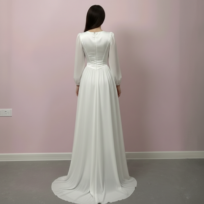 Elegant Modest Puff Sleeves Chiffon Satin Corset Bridal Gown with Veil, Back