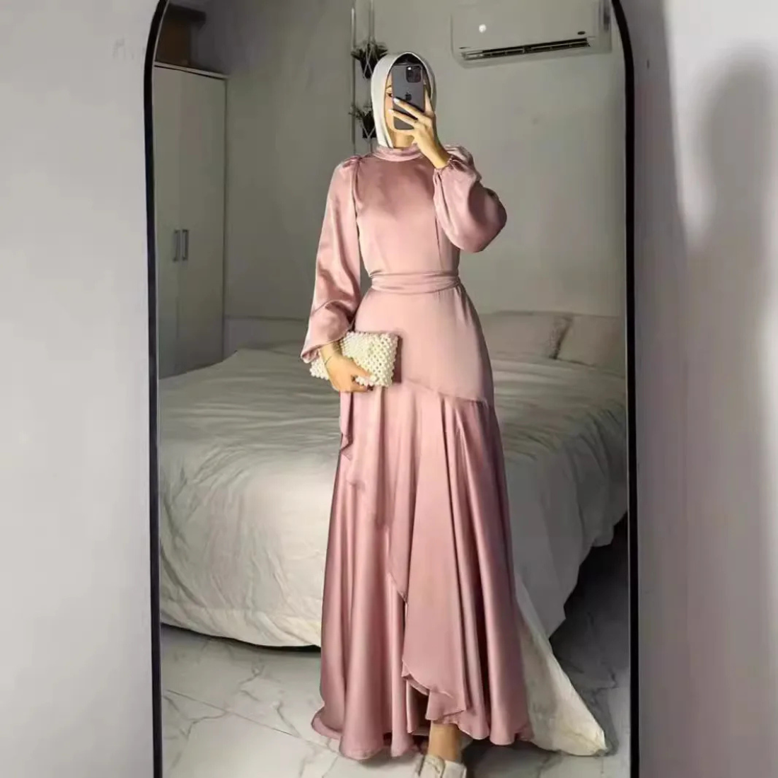 Elegant Modest Puff Sleeves Satin Side Ruffle Layer Evening Dress Little Lala Boutique Elegant Modest Puff Sleeves Satin Side Ruffle Layer Evening Dress Little Lala Boutique