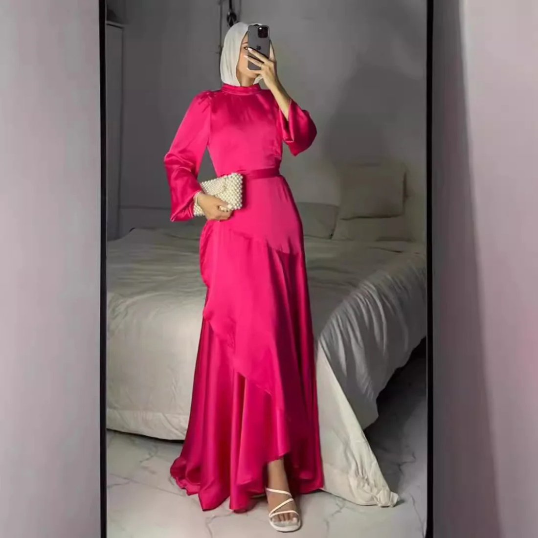 Elegant Modest Puff Sleeves Satin Side Ruffle Layer Evening Dress, Hot Pink