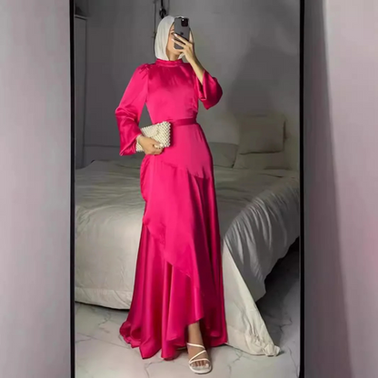 Elegant Modest Puff Sleeves Satin Side Ruffle Layer Evening Dress, Hot Pink