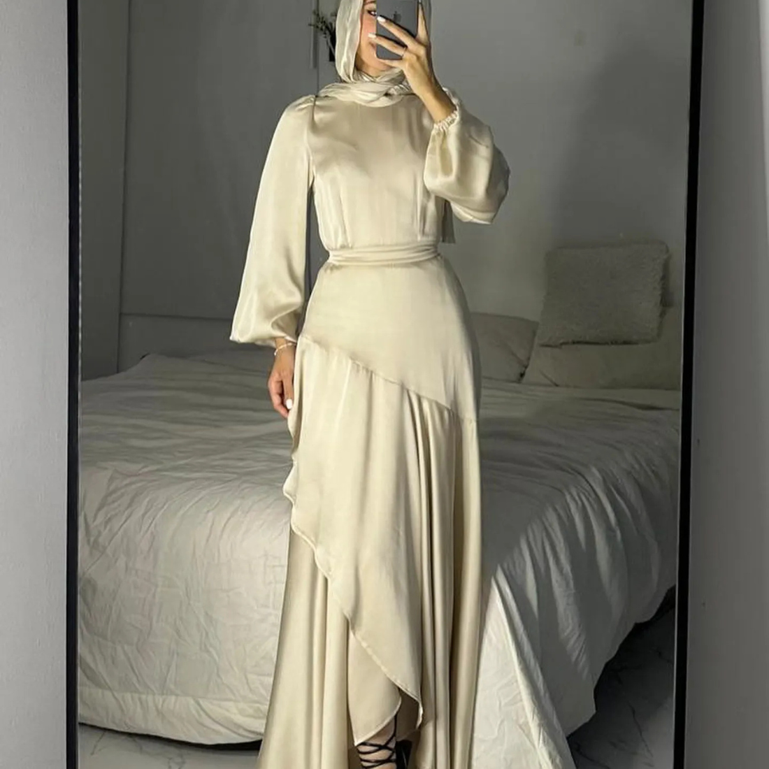 Elegant Modest Puff Sleeves Satin Side Ruffle Layer Evening Dress, Beige