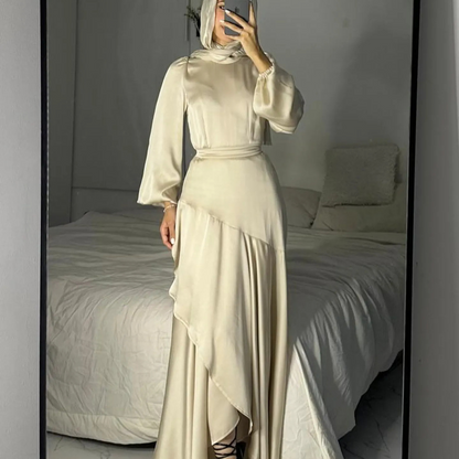 Elegant Modest Puff Sleeves Satin Side Ruffle Layer Evening Dress, Beige