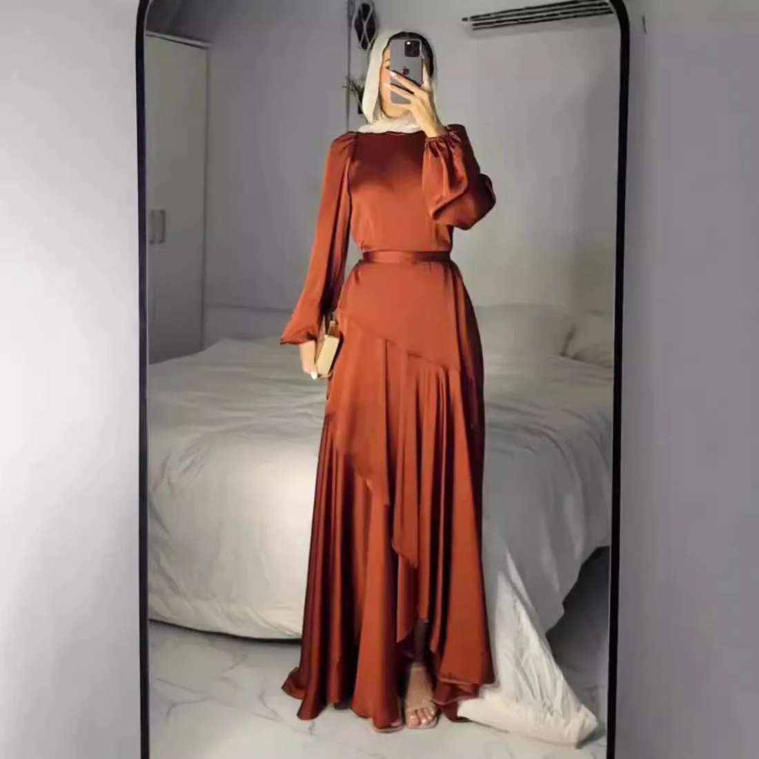 Elegant Modest Puff Sleeves Satin Side Ruffle Layer Evening Dress, Brown Orange