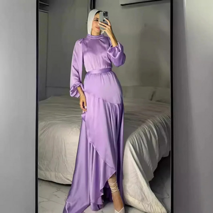 Elegant Modest Puff Sleeves Satin Side Ruffle Layer Evening Dress, Lilac