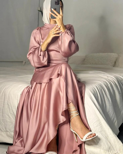 Elegant Modest Puff Sleeves Satin Side Ruffle Layer Evening Dress, Pink Close Up