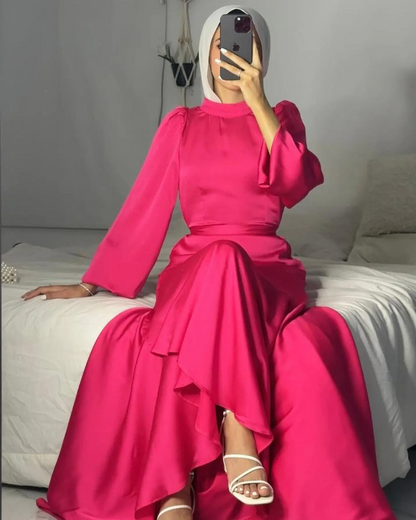 Elegant Modest Puff Sleeves Satin Side Ruffle Layer Evening Dress, Hot Pink