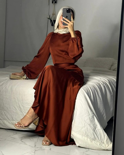 Elegant Modest Puff Sleeves Satin Side Ruffle Layer Evening Dress, Brown Orange