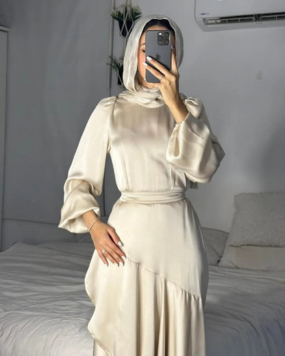 Elegant Modest Puff Sleeves Satin Side Ruffle Layer Evening Dress, Cream Closeup