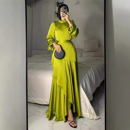 Elegant Modest Puff Sleeves Satin Side Ruffle Layer Evening Dress, Green