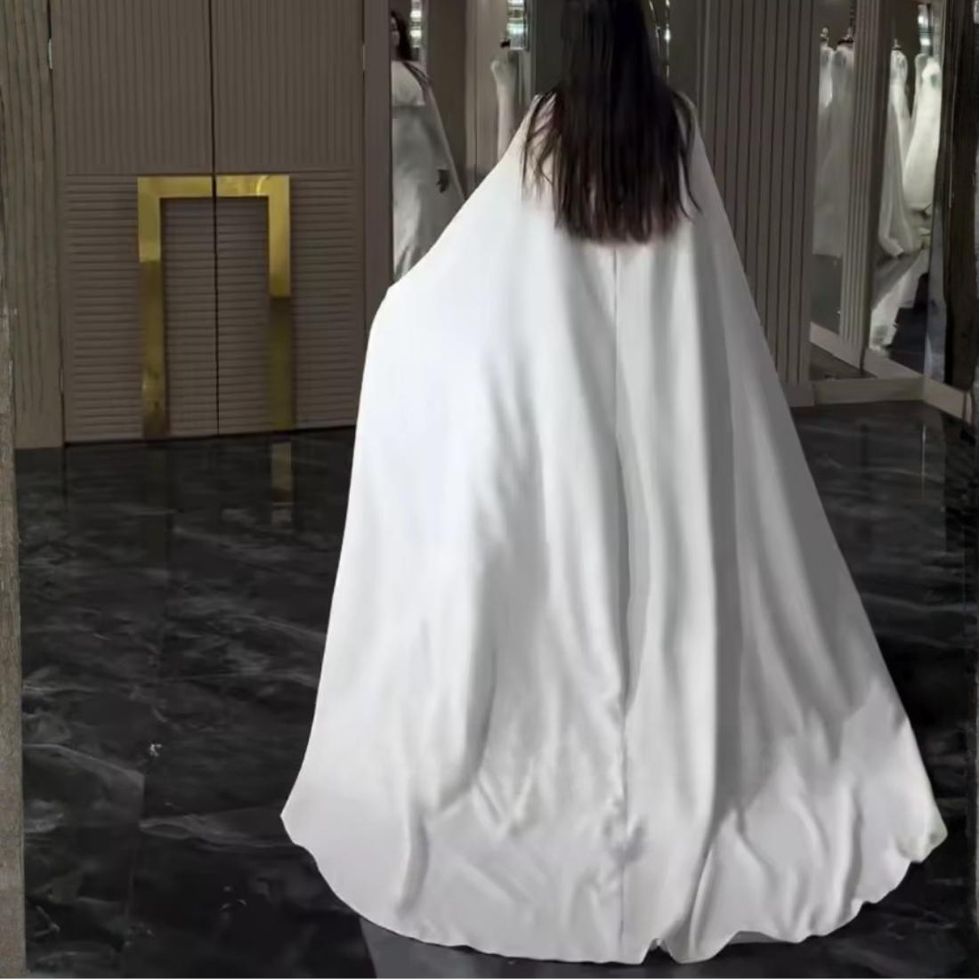 Elegant Modest White Cape Train Satin Bridal Gown, Back