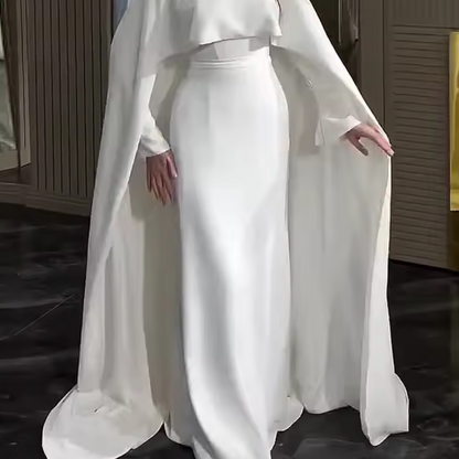 Elegant Modest White Cape Train Satin Bridal Gown, Skirt