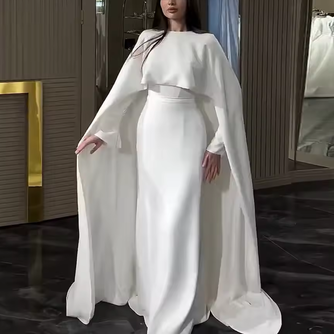 Elegant Modest White Cape Train Satin Bridal Gown