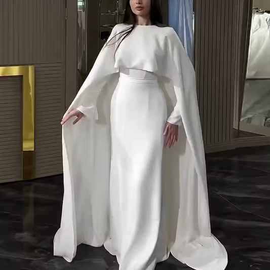 Elegant Modest White Cape Train Satin Bridal Gown