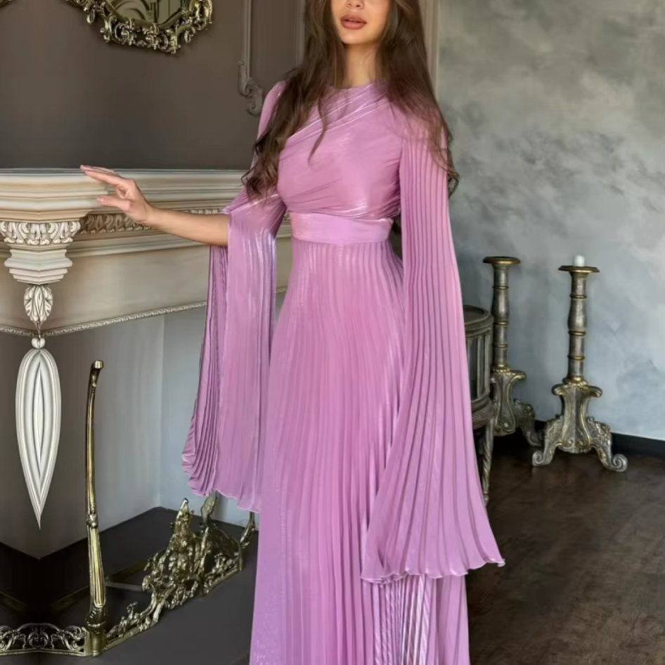 Elegant Pink Pleated Batwing Sleeve Maxi Dress, Front