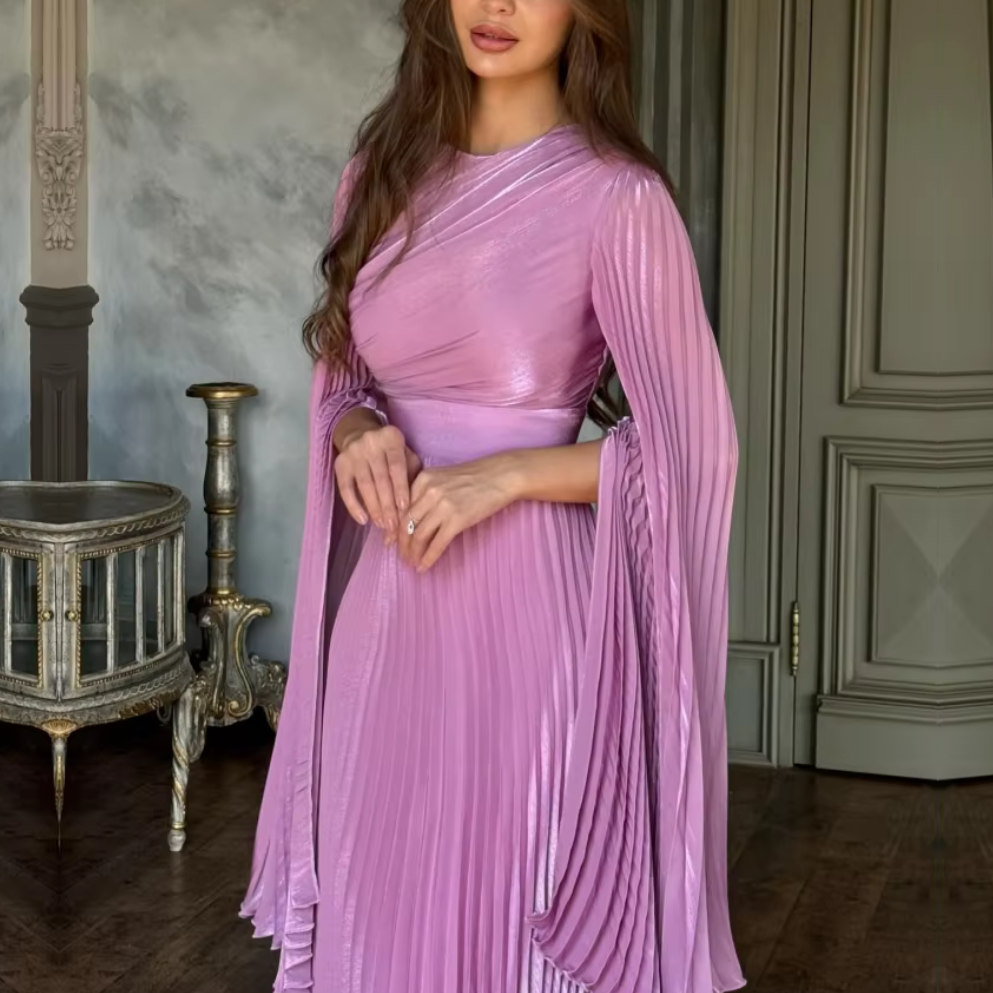Elegant Pink Pleated Batwing Sleeve Maxi Dress, Close Up