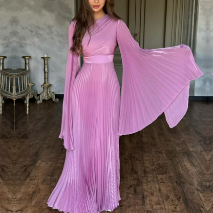 Elegant Pink Pleated Batwing Sleeve Maxi Dress, Left