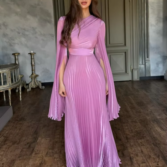 Elegant Pink Pleated Batwing Sleeve Maxi Dress, Front 2