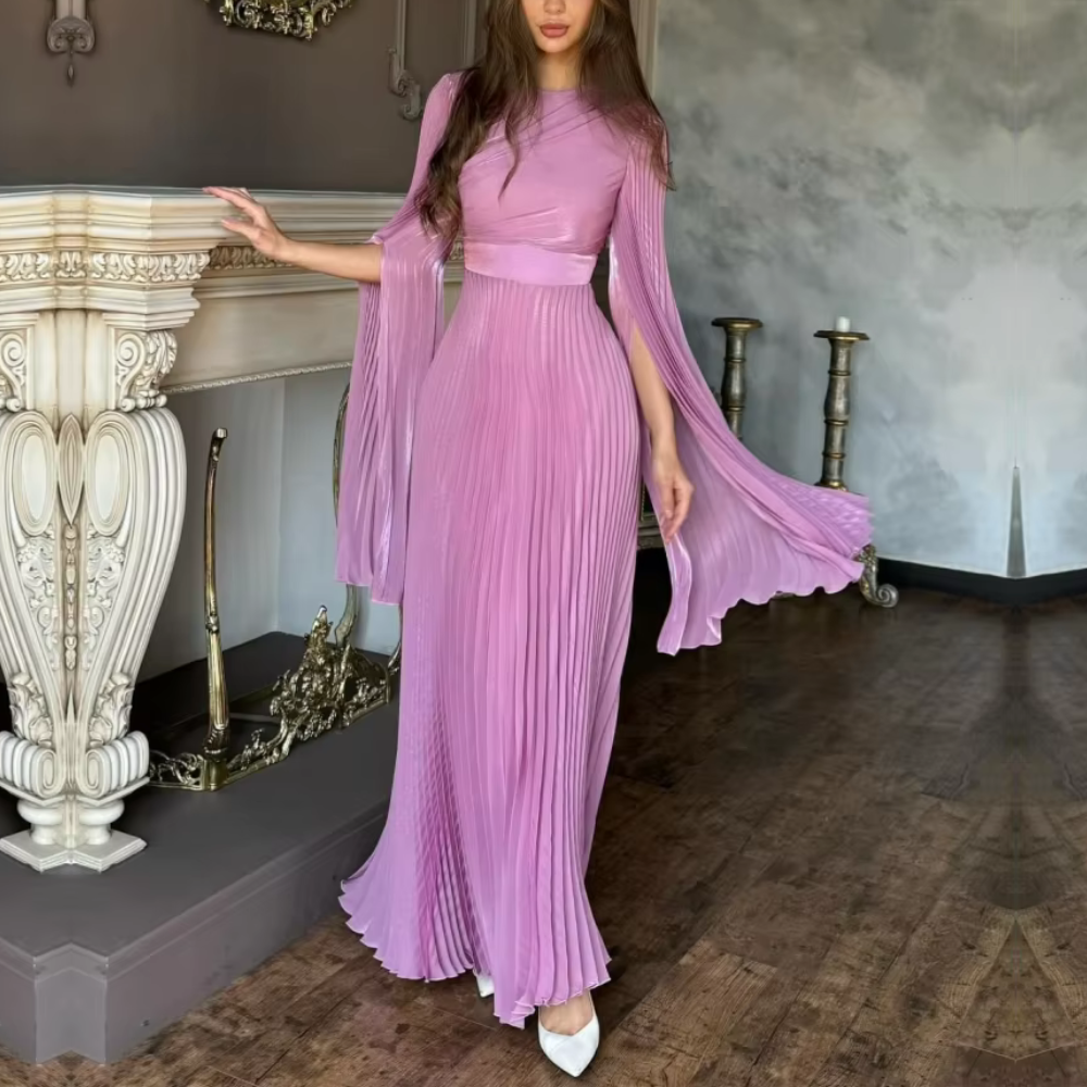 Elegant Pink Pleated Batwing Sleeve Maxi Dress, Full Body Shot