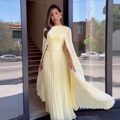 Elegant Yellow Batwing Sleeve Maxi Dress, Front