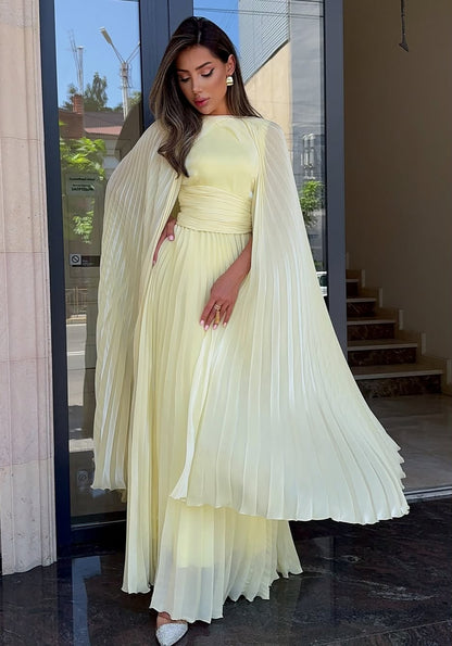 Elegant Yellow Batwing Sleeve Maxi Dress, Front Close Up