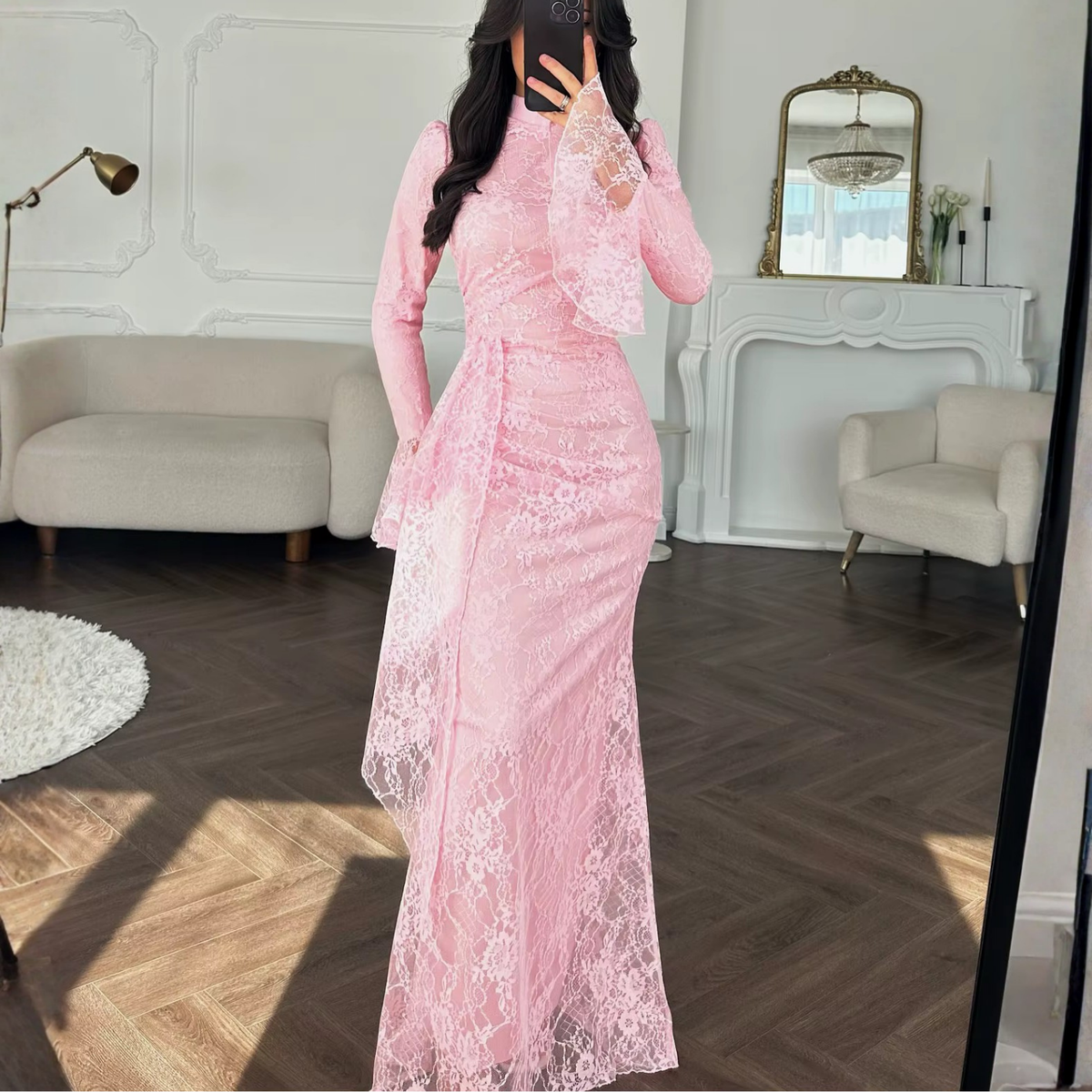 Pink Floral Lace High Neck Long Flare Sleeves Mermaid Maxi Dress