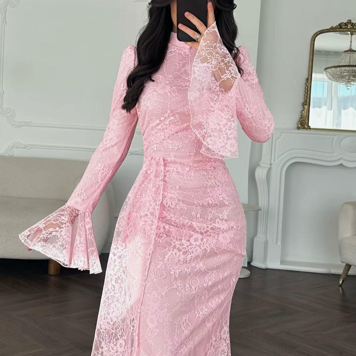 Pink Floral Lace High Neck Long Flare Sleeves Mermaid Maxi Dress