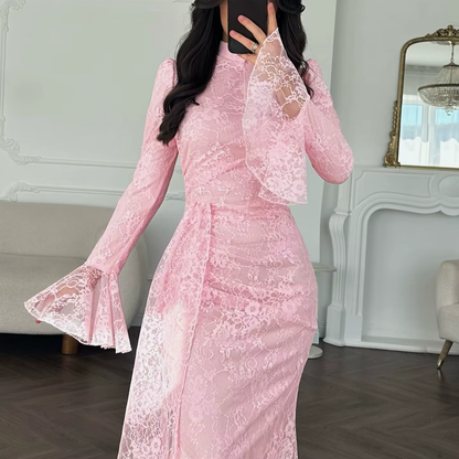 Pink Floral Lace High Neck Long Flare Sleeves Mermaid Maxi Dress