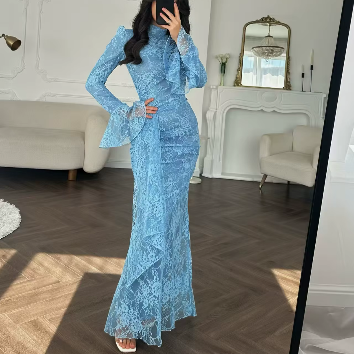 Blue Floral Lace High Neck Long Flare Sleeves Mermaid Maxi Dress