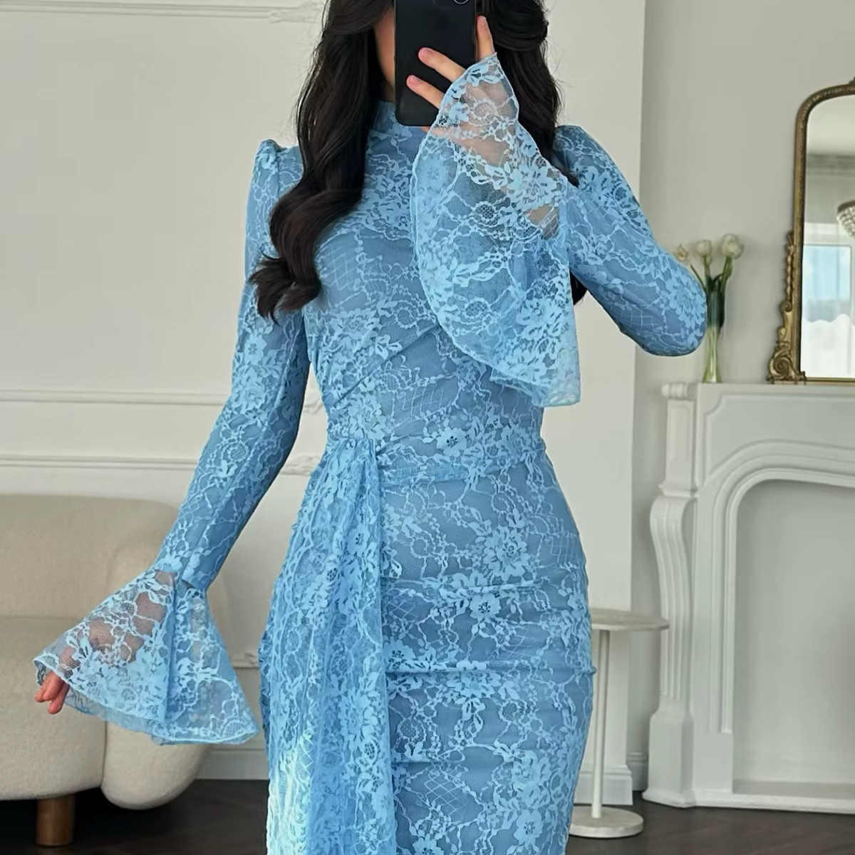 Blue Floral Lace High Neck Long Flare Sleeves Mermaid Maxi Dress