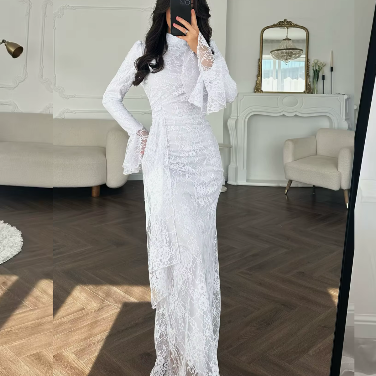 White Floral Lace High Neck Long Flare Sleeves Mermaid Maxi Dress