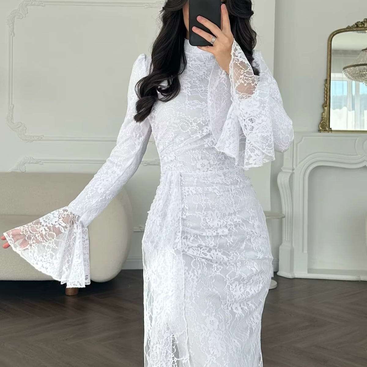 Floral Lace High Neck Flare Sleeves Mermaid Maxi Dress