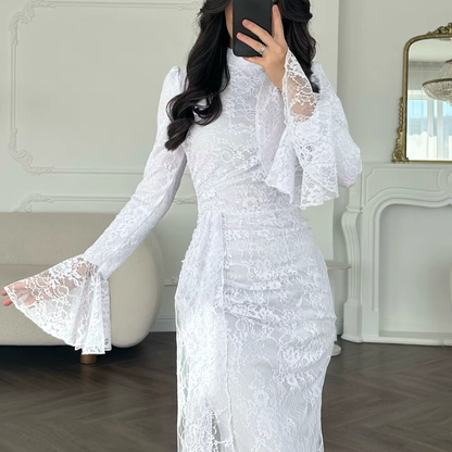 Floral Lace High Neck Flare Sleeves Mermaid Maxi Dress