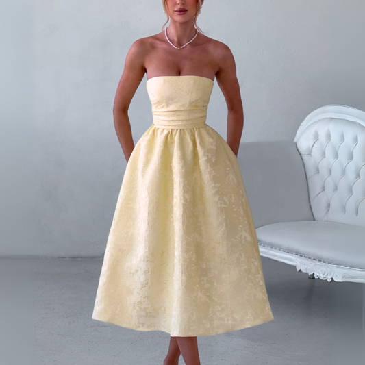 Floral Satin Sleeveless Tube Neck Princess Midi Dress, Yellow, Front