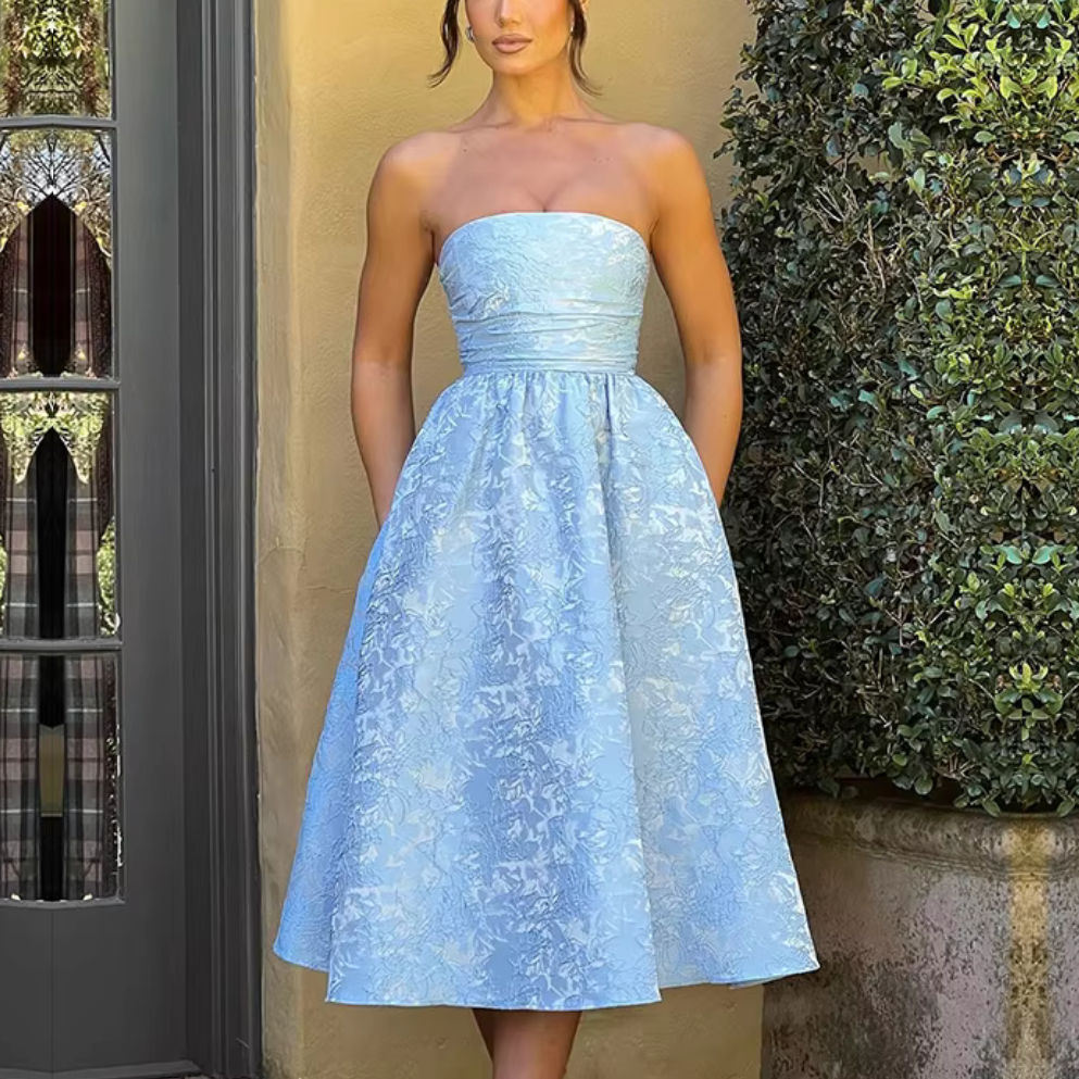 Floral Satin Sleeveless Tube Neck Princess Midi Dress, Blue Front