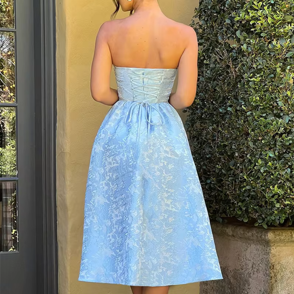 Floral Satin Sleeveless Tube Neck Princess Midi Dress, Blue, Back