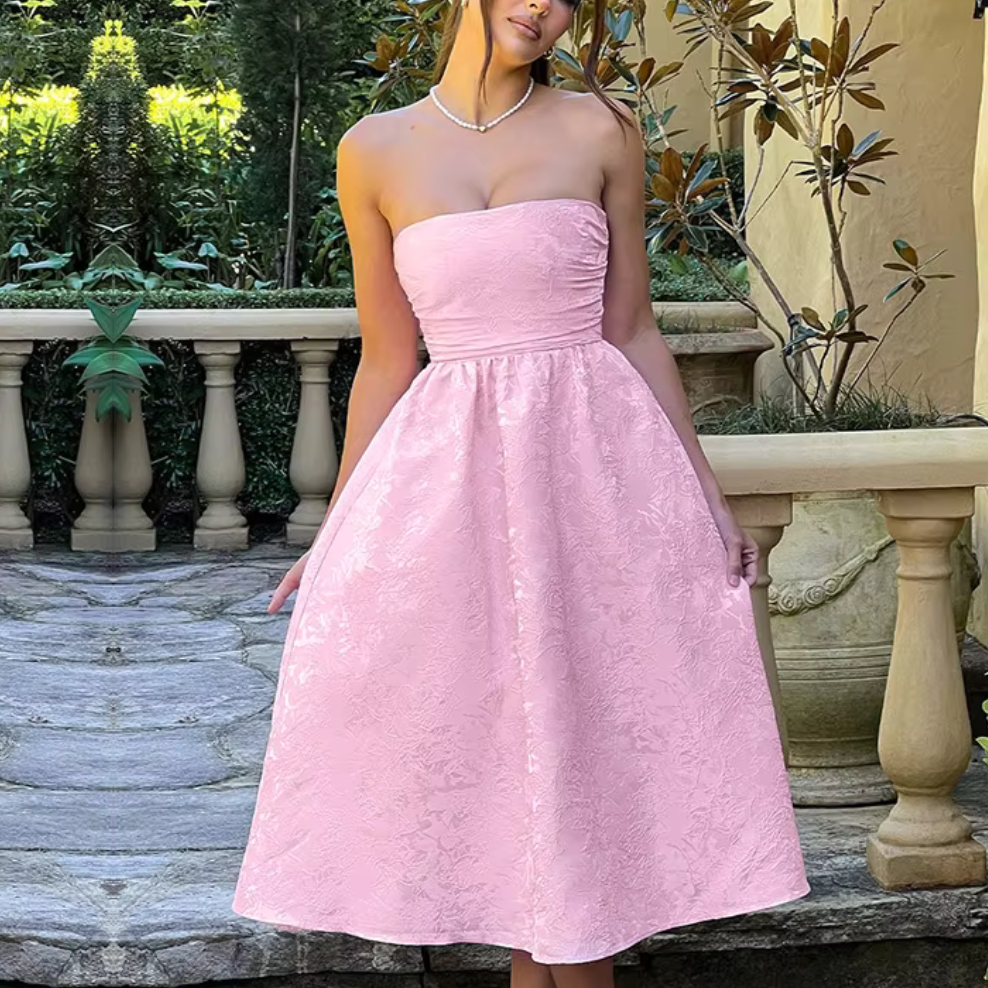 Floral Satin Sleeveless Tube Neck Princess Midi Dress, Pink, Front