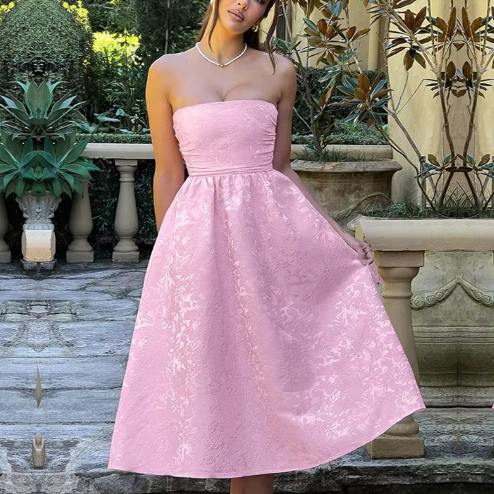 Floral Satin Sleeveless Tube Neck Princess Midi Dress, Pink, Front 2