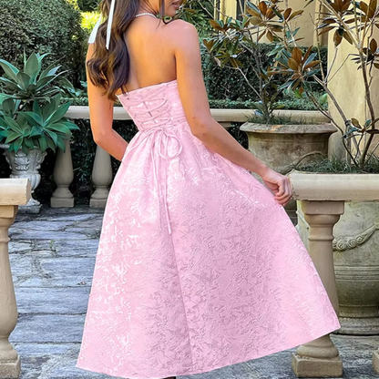 Floral Satin Sleeveless Tube Neck Princess Midi Dress, Pink, Back