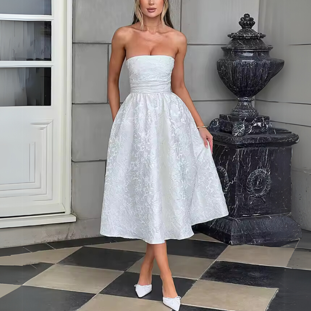 Floral Satin Sleeveless Tube Neck Princess Midi Dress, White, Front