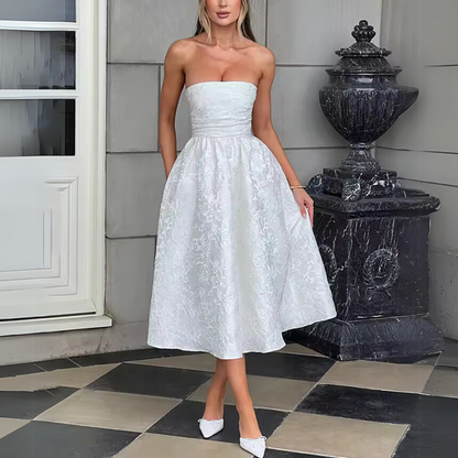 Floral Satin Sleeveless Tube Neck Princess Midi Dress, White, Front