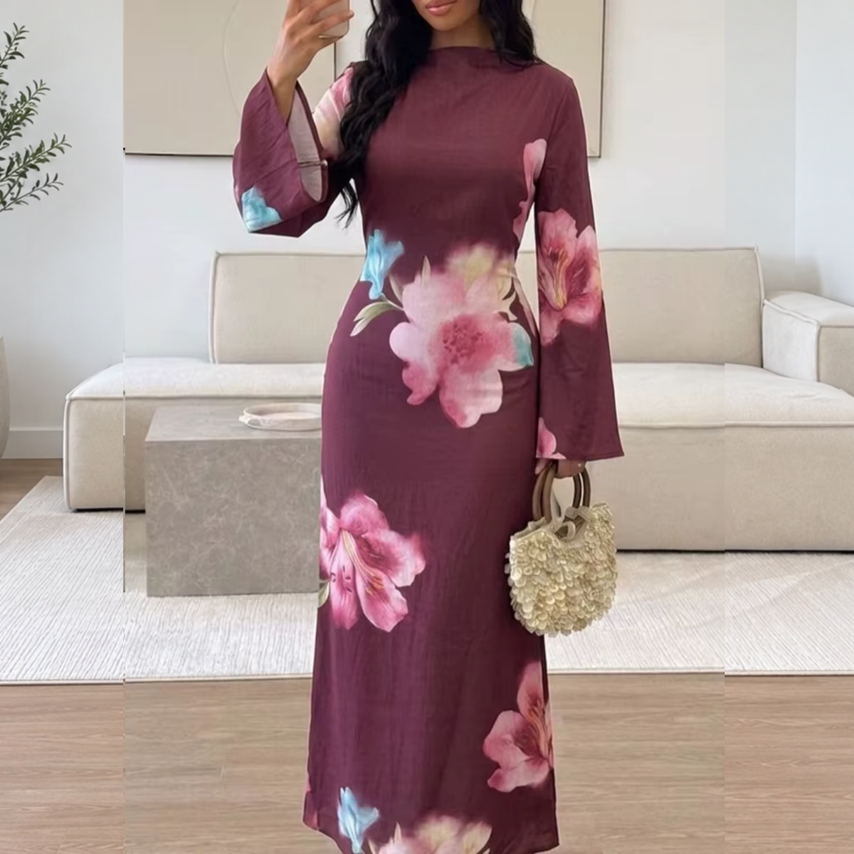 Maroon Flower Modest Flare Sleeves Slim Maxi Dress