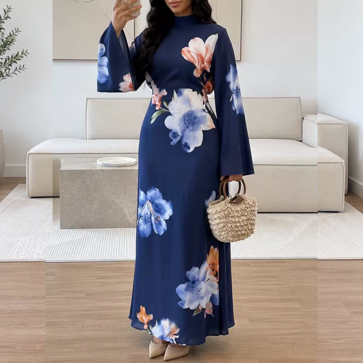 Navy Blue Flower Modest Flare Sleeves Slim Maxi Dress