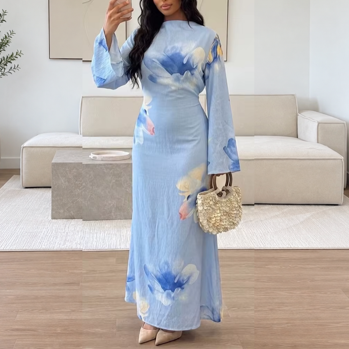 Blue Flower Modest Flare Sleeves Slim Maxi Dress