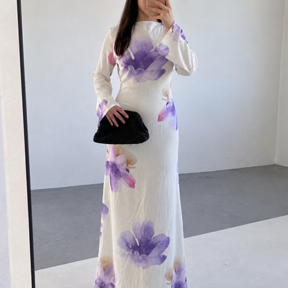 White Flower Modest Flare Sleeves Slim Maxi Dress