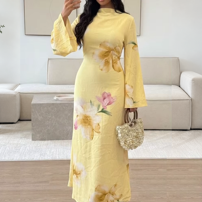 Yellow Flower Modest Flare Sleeves Slim Maxi Dress