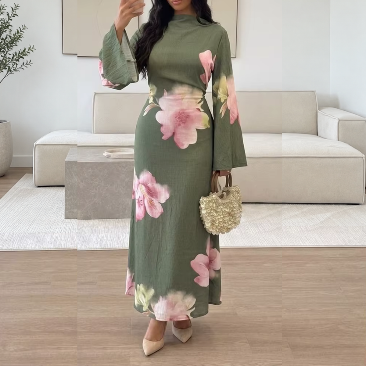 Green Flower Modest Flare Sleeves Slim Maxi Dress