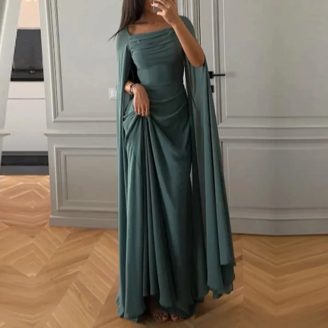 Forest Green Modest Pleated Drape Chiffon Long Dress, Front